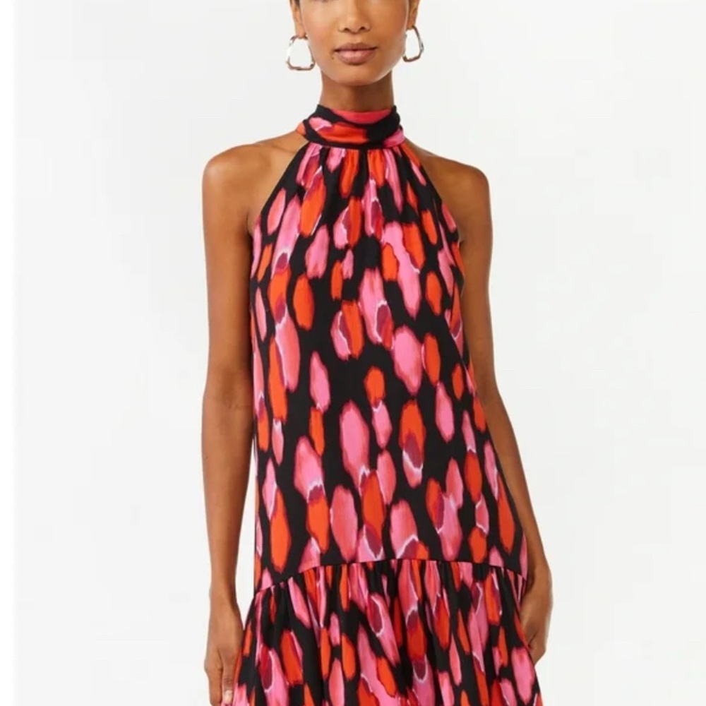 Walmart Scoop Tie-Neck Halter Dress in Black, Pink, Red in Medium